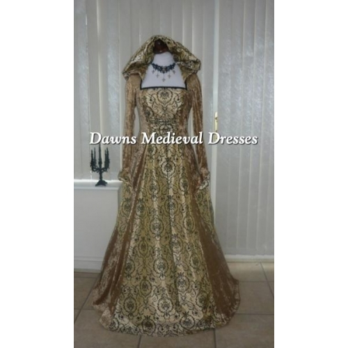 Medieval Renaissance Hooded  Dress Gold & Black